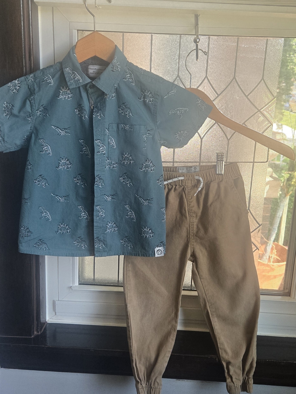 Free Planet Kids Teal Dino Shirt and Brown Jogger Set